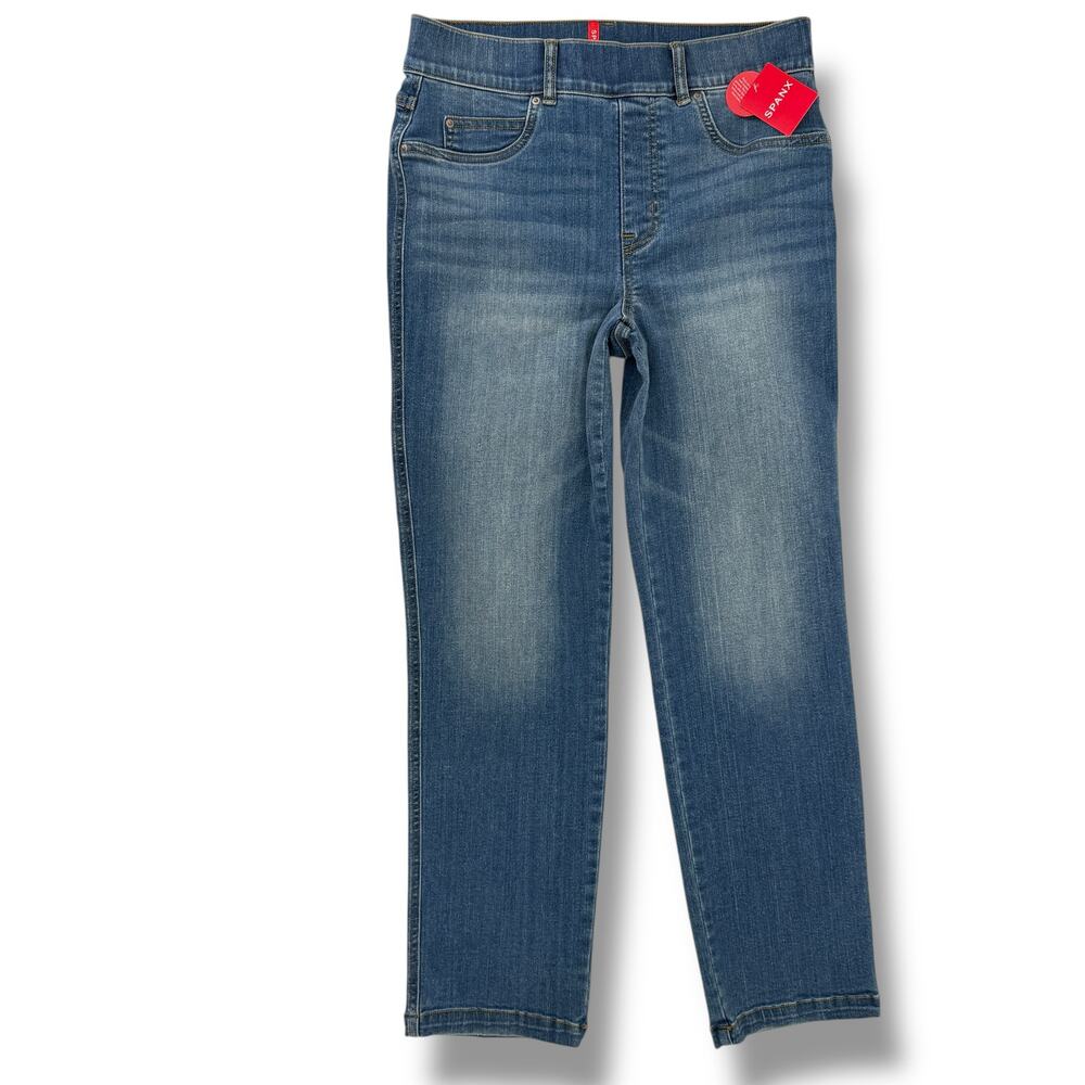 Spanx Straight Leg Jeans Sz Medium Vintage Indigo Denim Pull On Stretch Pants